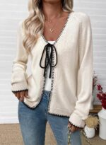 EVALESS Womens Cardigan Sweaters Trendy V Neck Long Sleeve Open Front Bow Tie Kn... - Image 3
