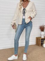 EVALESS Womens Cardigan Sweaters Trendy V Neck Long Sleeve Open Front Bow Tie Kn... - Image 6