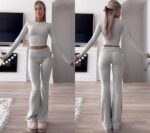 YETOWA Y2K 2 Piece Outfits Tummy Control Long Sleeve Crop Top High Waisted Flare... - Image 7