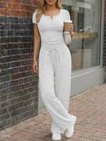 Trendy Queen Women's 2 Piece Matching Lounge Sets Summer Henley Neck Slightly Cr... - Image 6