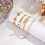 18K Gold Plated Bangle Bracelet Set for Women Stackable Lucky Floral Adjustable ... - Image 4