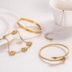 18K Gold Plated Bangle Bracelet Set for Women Stackable Lucky Floral Adjustable ... - Image 6