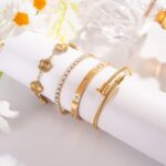 18K Gold Plated Bangle Bracelet Set for Women Stackable Lucky Floral Adjustable ... - Image 8