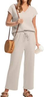 Saloogoe Two Piece Sets for Women Summer Outfits Lounge Sets V Neck Tops Wide Le... - Image 3