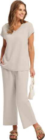Saloogoe Two Piece Sets for Women Summer Outfits Lounge Sets V Neck Tops Wide Le... - Image 5
