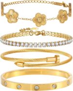 18K Gold Plated Bangle Bracelet Set for Women Stackable Lucky Floral Adjustable ... - Image 2