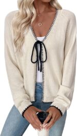EVALESS Womens Cardigan Sweaters Trendy V Neck Long Sleeve Open Front Bow Tie Kn... - Image 2