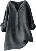 Linen Shirts for Women 2025 Buttons V Neck Cloths Long Sleeve Pockets Tshirt Tre... - Image 2