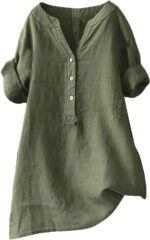 Nantdog Boho Linen Shirts for Women 2025 Gauze Short Sleeve V Neck Button Loose ... - Image 2