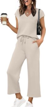 Saloogoe Two Piece Sets for Women Summer Outfits Lounge Sets V Neck Tops Wide Le... - Image 2