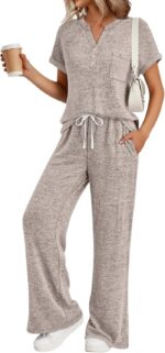 Trendy Queen 2 Piece Lounge Sets for Women Summer 2026 Henley Sweatsuit Travel V... - Image 2