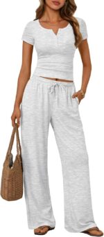 Trendy Queen Women's 2 Piece Matching Lounge Sets Summer Henley Neck Slightly Cr... - Image 2