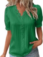 Women Summer Lace V Neck Plain Lace Elegant Shirt Fashion Solid Color Elegant Bl... - Image 2