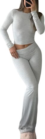 YETOWA Y2K 2 Piece Outfits Tummy Control Long Sleeve Crop Top High Waisted Flare... - Image 2
