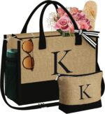 YOOLIFE Personalized Gifts for Women - Initial Jute Tote Bag & Makeup Bag, Birth... - Image 2
