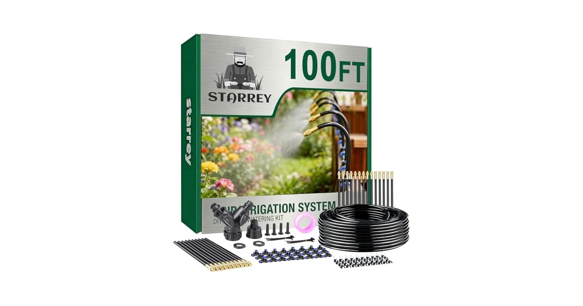 100FT 1/4″ Drip Irrigation System with 24-Pcs 360-Deg Adjustable Copper Nozzles only .99