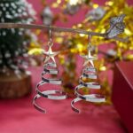 Handmade Christmas Tree Dangle Hoop Earrings Golden Silver Two Tone Women Holida... - Image 4