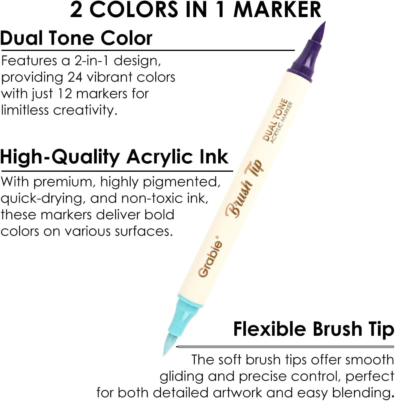 Grabie 24 Colors Acrylic Paint Markers, 12 Pack Dual Tip Soft Brush Acrylic Mark... - Image 5