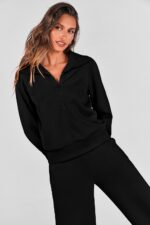 PRETTYGARDEN Women's 2 Piece Outfits Casual Lapel Half Zip Sweatshirts and Wide ... - Image 7