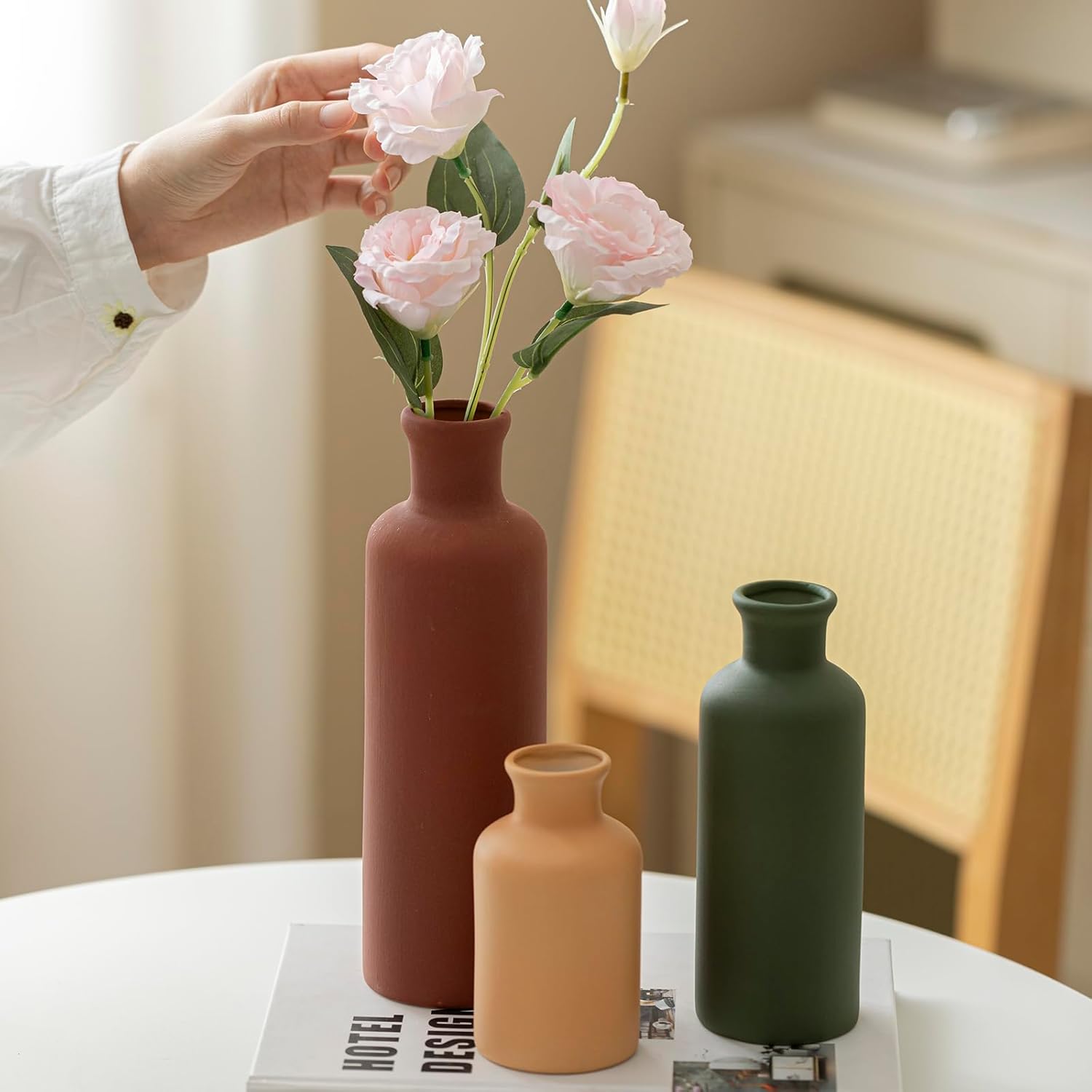 Modern Ceramic Vase Set of 3, Neutral Colors, Decorative Bottles for Home, Farmh... - Image 3