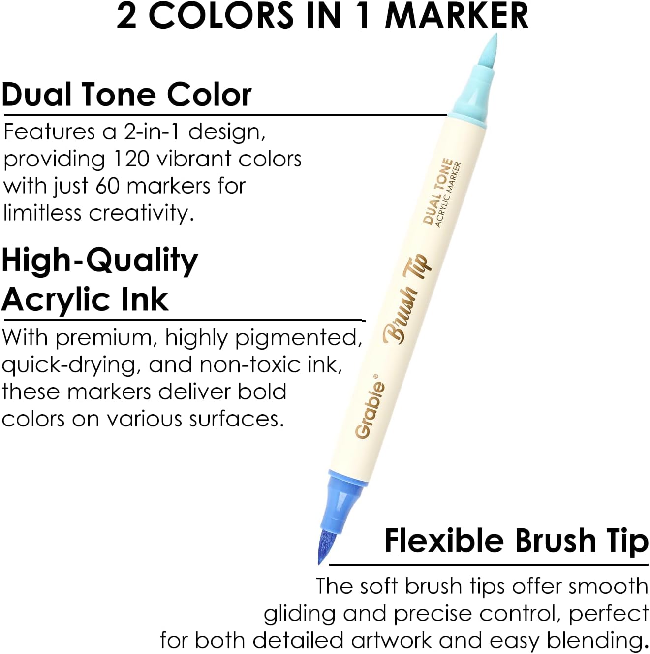 Grabie 120 Colors Acrylic Paint Markers, 60 Pack Dual Tip Soft Brush Acrylic Mar... - Image 6