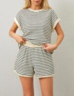 MISSACTIVER 2 Piece Lounge Set Women Stripe Knit Short Sleeve Tee Shirts Shorts ... - Image 3