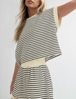 MISSACTIVER 2 Piece Lounge Set Women Stripe Knit Short Sleeve Tee Shirts Shorts ... - Image 4