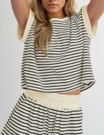 MISSACTIVER 2 Piece Lounge Set Women Stripe Knit Short Sleeve Tee Shirts Shorts ... - Image 5