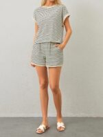 MISSACTIVER 2 Piece Lounge Set Women Stripe Knit Short Sleeve Tee Shirts Shorts ... - Image 6
