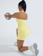 OMKAGI 2 Piece Workout Sets for Women Halter Sports Bra Tank Gym Biker Shorts Ou... - Image 7