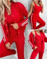 CHICME Women's Three Piece Outfits Striped Tape Patch Tank Tops Bomber Jacket wi... - Image 8