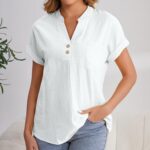 Nantdog Linen Shirts for Women Summmer Short Sleeve Casual Tops Henley Vcation B... - Image 3
