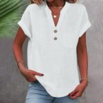 Nantdog Linen Shirts for Women Summmer Short Sleeve Casual Tops Henley Vcation B... - Image 4