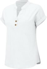 Nantdog Linen Shirts for Women Summmer Short Sleeve Casual Tops Henley Vcation B... - Image 7