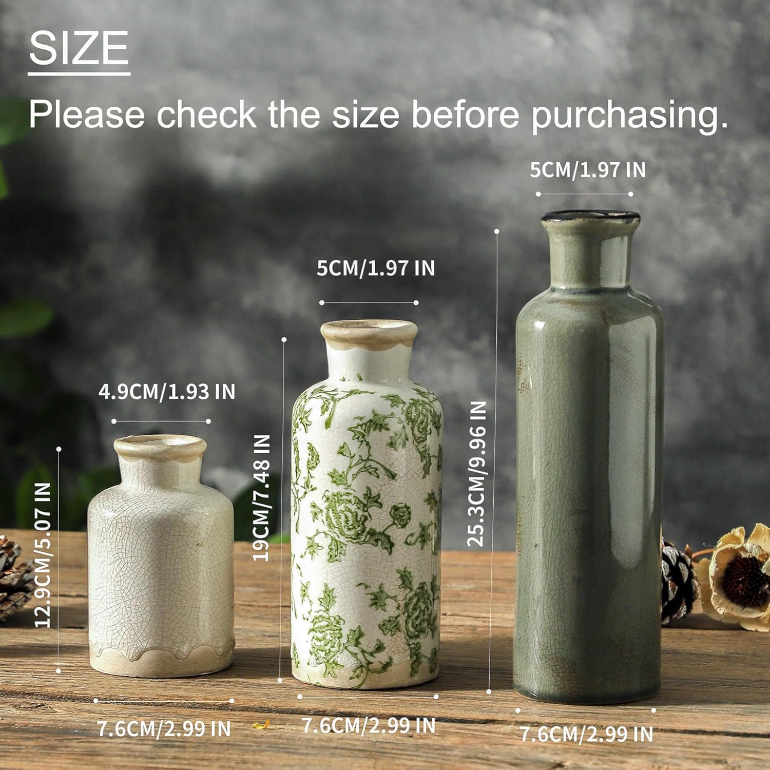 Vintage Vase Set of 3, Ceramic Vintage Flower Vases, Chinoiserie Decorative Home... - Image 3