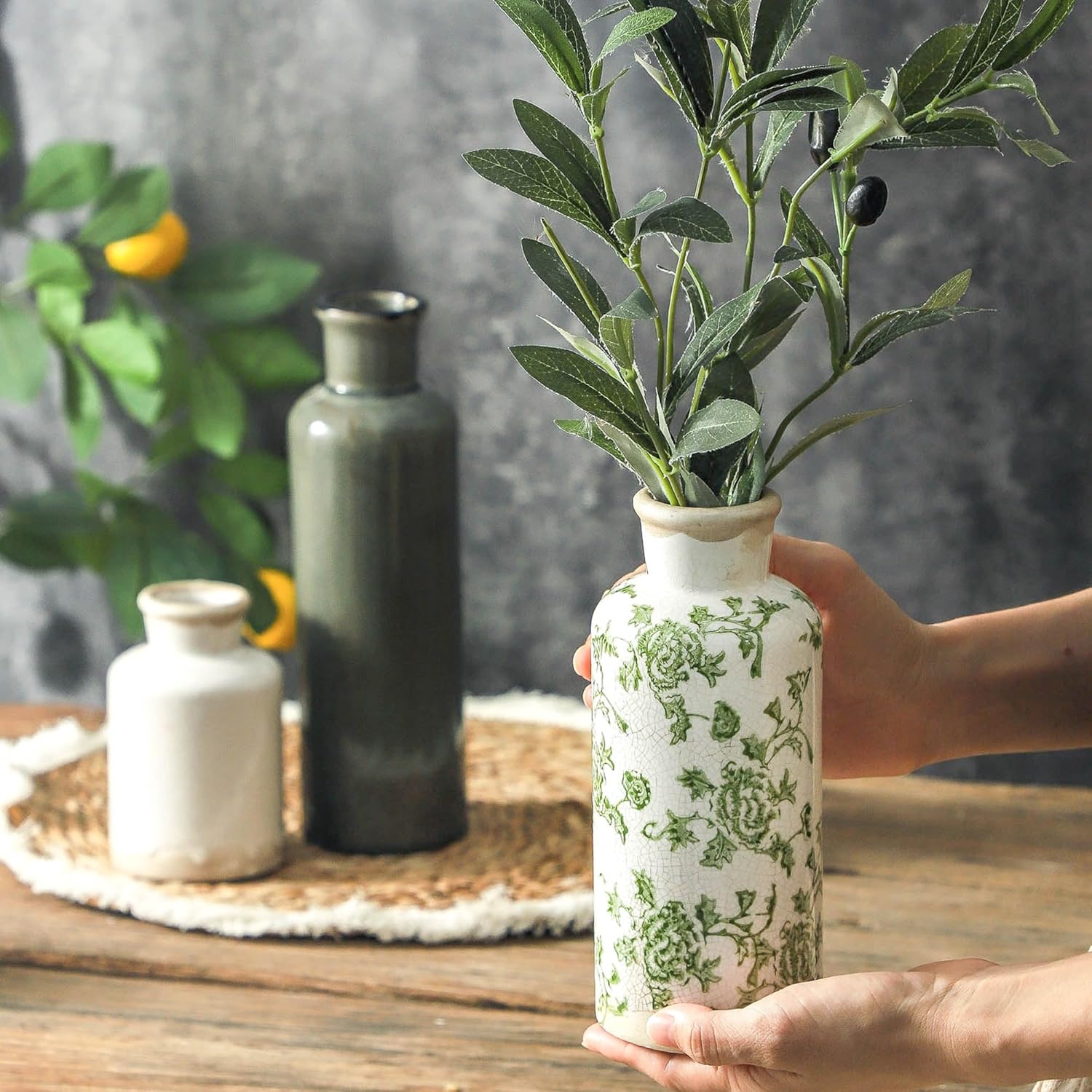 Vintage Vase Set of 3, Ceramic Vintage Flower Vases, Chinoiserie Decorative Home... - Image 4