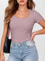 ANRABESS Women Short Sleeve Tops Scoop Neck Ribbed Knit Slim Fitted Basic Tee Sh... - Image 3