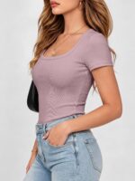 ANRABESS Women Short Sleeve Tops Scoop Neck Ribbed Knit Slim Fitted Basic Tee Sh... - Image 4