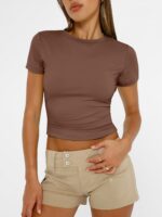 AUTOMET Women's Crew Neck Short Sleeve Basic Stretchy Tight Fitted T-Shirt 2026 - Image 3