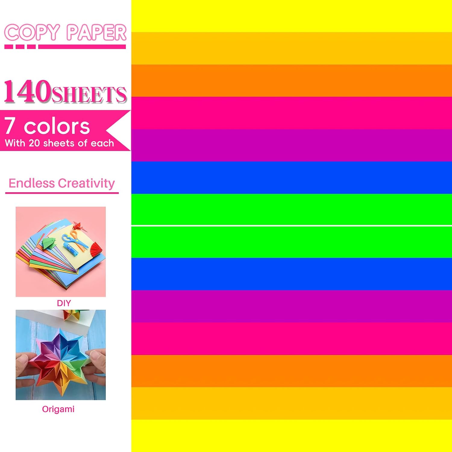 Colored Copy paper 8.5X11 Inches,140 Sheets 20 lb/80GSM 7 Colors Neon Fluorescen... - Image 5