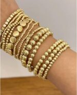 13PCS Beaded Bracelet Set, Gold Tone Ball Bead, Fashionable Stackable Jewelry fo... - Image 4
