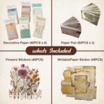 565 Pcs Vintage Scrapbook Paper Kit, Scrapbook Paper Supplies with Flowers Stick... - Image 4