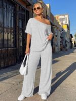 Trendy Queen Womens 2 Piece Lounge Sets Off Shoulder Oversized Tshirts & Wide Le... - Image 3