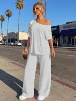 Trendy Queen Womens 2 Piece Lounge Sets Off Shoulder Oversized Tshirts & Wide Le... - Image 4