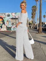 Trendy Queen Womens 2 Piece Lounge Sets Off Shoulder Oversized Tshirts & Wide Le... - Image 5