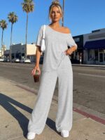 Trendy Queen Womens 2 Piece Lounge Sets Off Shoulder Oversized Tshirts & Wide Le... - Image 7