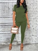 Women's 2 Piece Outfits Sweatsuit Summer Workout Striped Short Sleeve Long Sweat... - Image 4