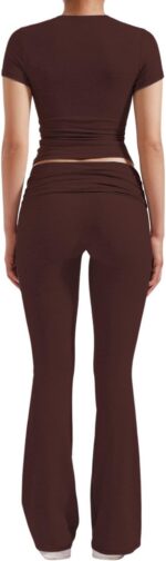 YETOWA Womens 2 Piece Outfits Low Rise Flare Leggings Short Sleeve Top Soft Stre... - Image 3