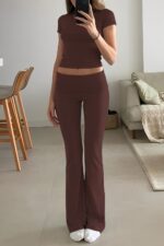 YETOWA Womens 2 Piece Outfits Low Rise Flare Leggings Short Sleeve Top Soft Stre... - Image 5