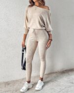 CHICME 2 Piece Lounge Outfit Long Sleeve Knit Pullover Tops Drawstring Pants Set... - Image 3